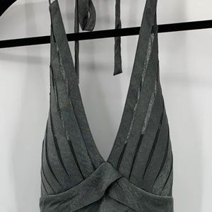 Cache Metallic Gray Halter Ruffle Layer Party Cocktail Dress Size 6